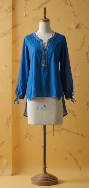 Blue long-sleeve tunic with embroidery and a comfortable fit.