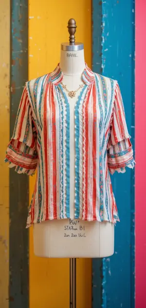 A bright striped blouse with red, blue, and white hues, ruffled sleeves, and a collar.