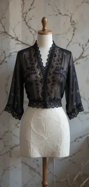 Black sheer lace blouse with floral embroidery and elegant scalloped trim.