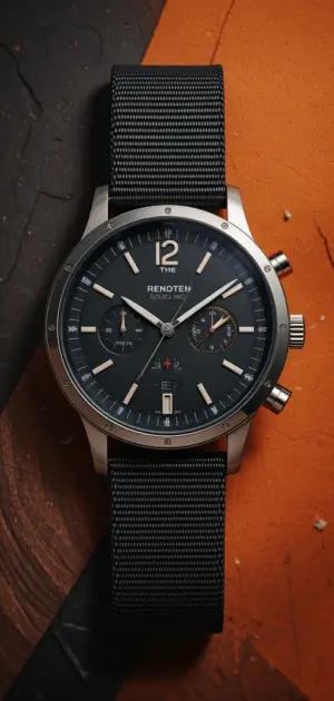 A sophisticated black chronograph watch with a durable nylon strap and sleek dial.