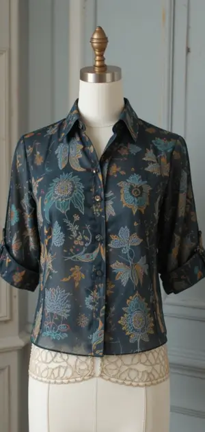 A floral print blouse with sheer fabric and rolled-up sleeves adds flair to office wear.