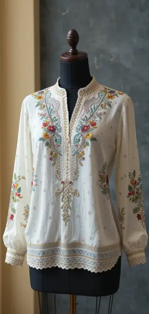 The cream blouse with intricate floral embroidery and lace trim offers a soft, feminine aesthetic.