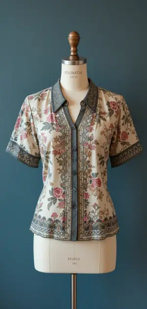 The cream blouse is adorned with floral patterns and a contrasting trim, providing a vintage charm.