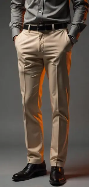 Man in beige chinos with a gray dress shirt and black loafers