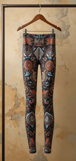 Black high-waisted leggings featuring bold paisley and geometric designs.