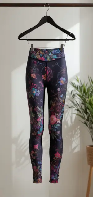 Black leggings with vibrant floral patterns and a stylish high waist.
