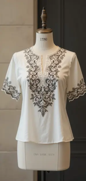 A white blouse featuring intricate black embroidery gives it a bold and stylish contrast.