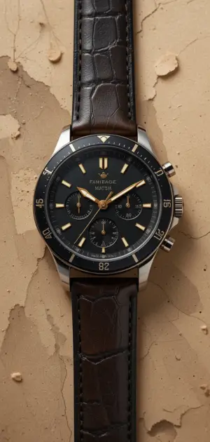 Stylish black dial chronograph watch with gold markers and brown strap.