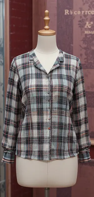 A grey plaid button-up blouse with red and black accents and long sleeves.
