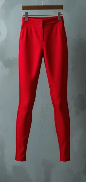 Vibrant red leggings showcased on a hanger with a modern backdrop.