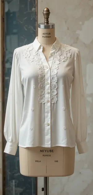 White embroidered blouse featuring floral lace details and long sleeves.