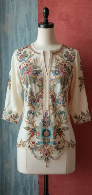 Cream blouse with vibrant, intricate floral embroidery, giving it a classic yet bold appeal.