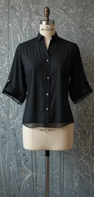 Black button-up blouse with half sleeves and a tailored silhouette.