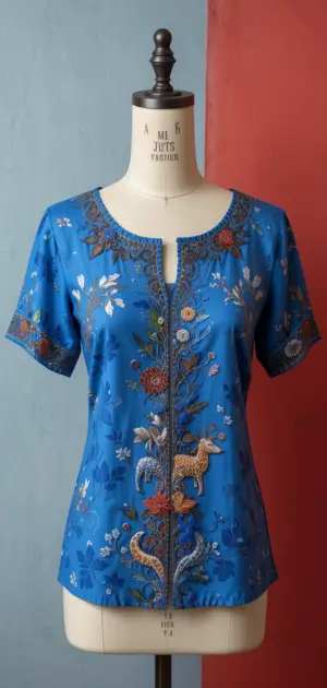 Blue short-sleeve blouse featuring embroidered floral and animal details.