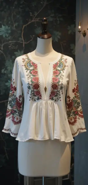 Floral-embroidered blouse with a relaxed fit and bell sleeves, exuding a bohemian look.