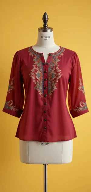 Maroon blouse with floral embroidery, creating a sophisticated and stylish vibe.