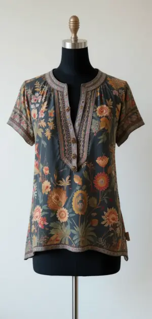 Short-sleeve cotton blouse with floral prints and a boho-chic vibe.