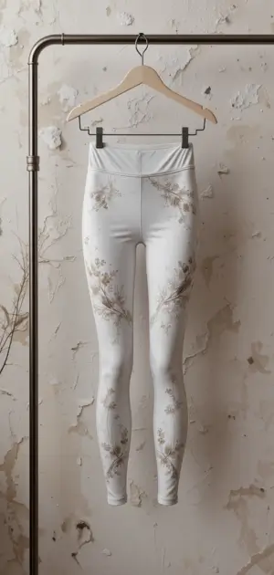 White high-waisted leggings with a subtle, vintage-inspired floral print.
