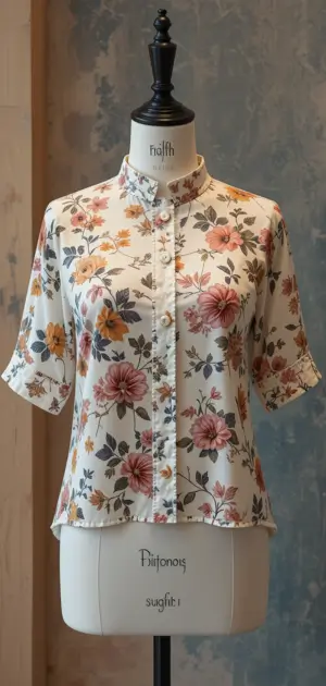 A cream floral blouse with muted pink and peach flowers and a high collar.