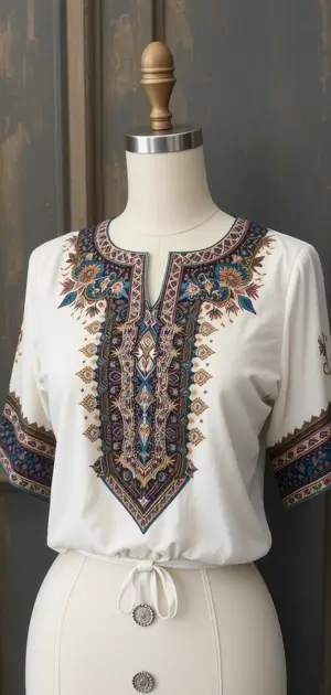 White blouse with detailed geometric embroidery and short sleeves.