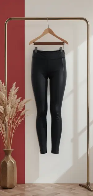 High-waisted black faux leather leggings with a smooth, sleek finish.