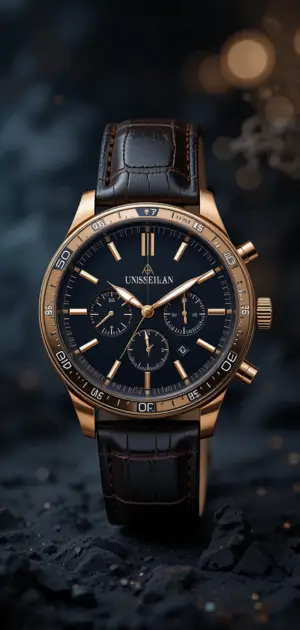 A sophisticated gold chronograph watch featuring a black dial and leather strap.