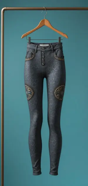 Fitted dark jeggings with decorative knee patches and buttons.