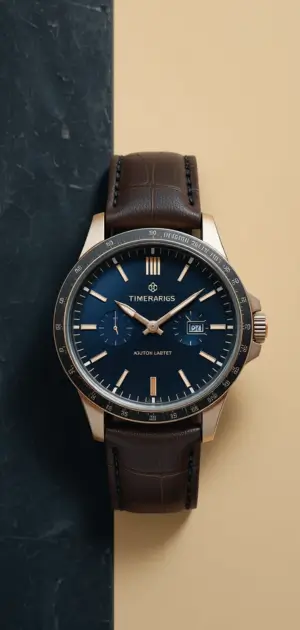 Navy blue dial watch with gold hands, date window, and brown strap.