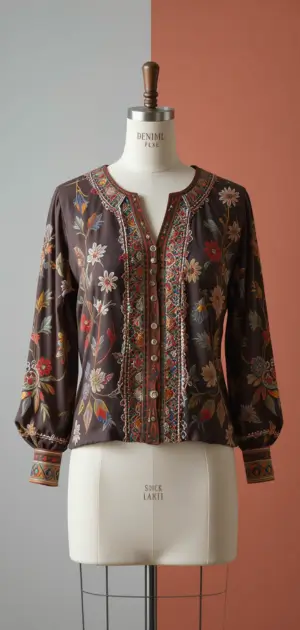 A brown floral embroidered blouse with colorful detailing and buttons.