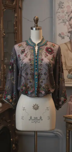 A grey blouse featuring intricate floral embroidery and contrast trim for a sophisticated touch.