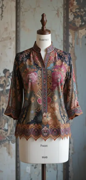 Dark polyester blouse with rich floral embroidery and scalloped hem.