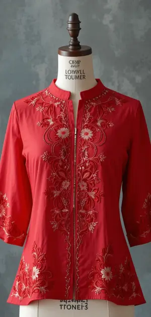 Red embroidered blouse with three-quarter sleeves and a chic mandarin collar.