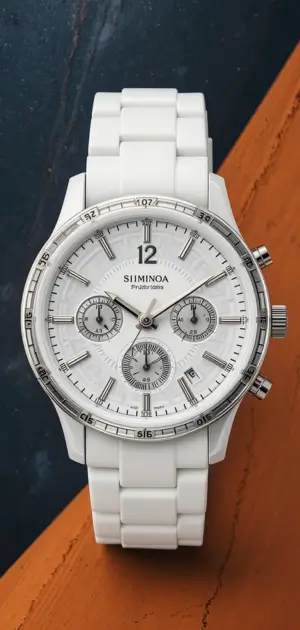 A stylish white chronograph watch with a silicone strap and a detailed dial.