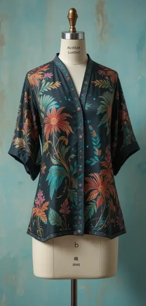 Navy blue silk blouse with large floral patterns and a boho-chic feel.