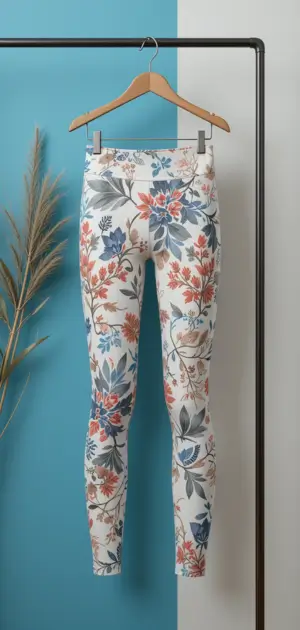 High-waisted white leggings with blue and orange floral details.