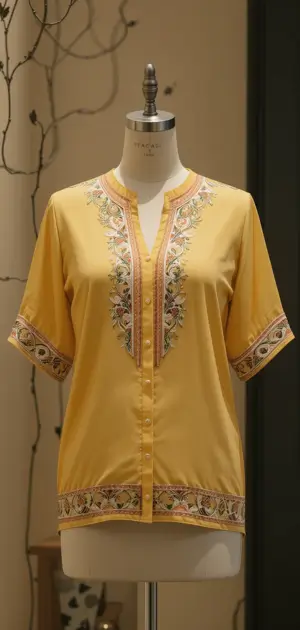The yellow blouse with floral embroidery along the collar and sleeves offers a fresh, elegant appearance.