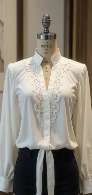 White blouse featuring lace embroidery, a button front, and a waist tie.