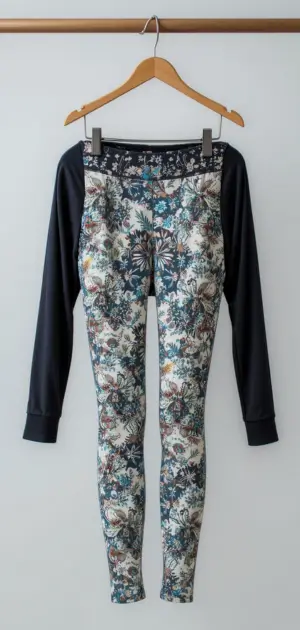 Vibrant multicolored floral leggings featuring black sleeve blouse.