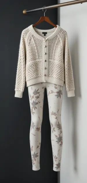 Cream leggings with delicate floral prints paired with a chunky knit.