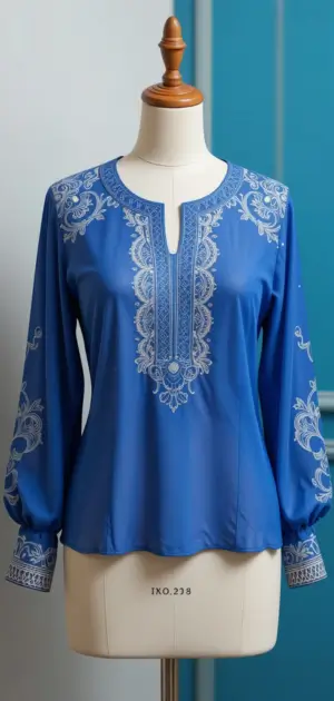Blue long-sleeve blouse with ornate embroidery on the front and sleeves.