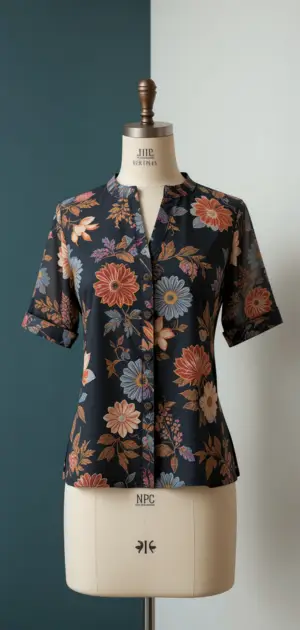 A navy floral button-up blouse with short sleeves and an elegant design.