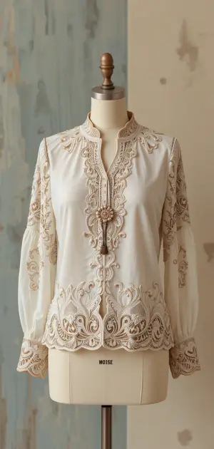 An ivory blouse with ornate gold embroidery, lace, and floral accents.