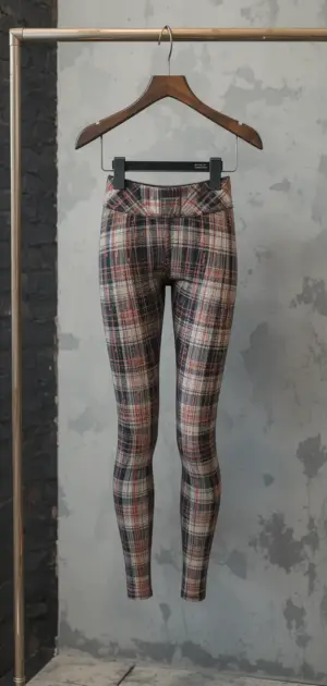 Fitted plaid leggings in warm tones featuring a checkered print.