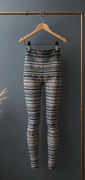 High-waisted tribal patterned leggings in neutral and warm tones.