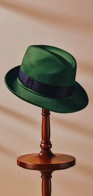 Wide-brim silk hat on mannequin.