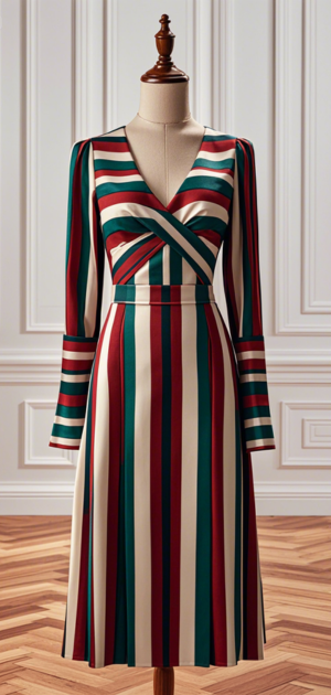 Slim woman in horizontal striped formal dress