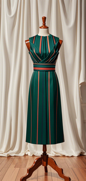 Satin and velvet striped formal dresses on rack