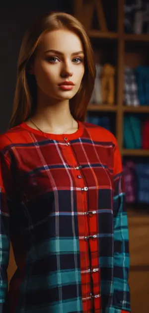 Woman layering a flannel plaid tee under coat