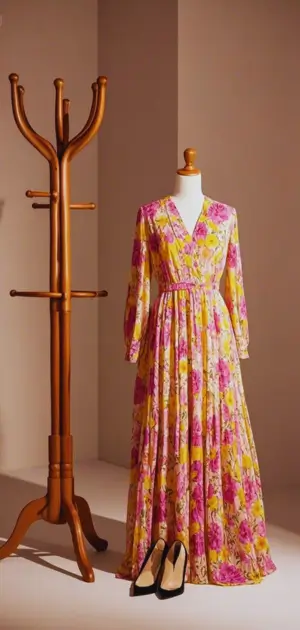 Woman in bold floral print maxi dress with heels