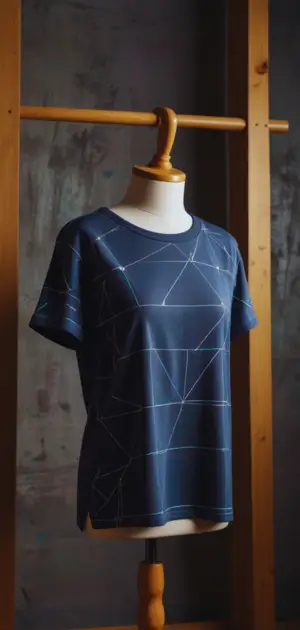 Bold geometric patterns on women’s fashion t-shirt